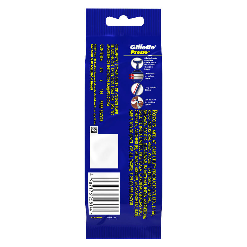 Gillette Presto Manual Shaving Razor Gift (Pack Of 5), 5 Pack Buy at Indicrest Image 6