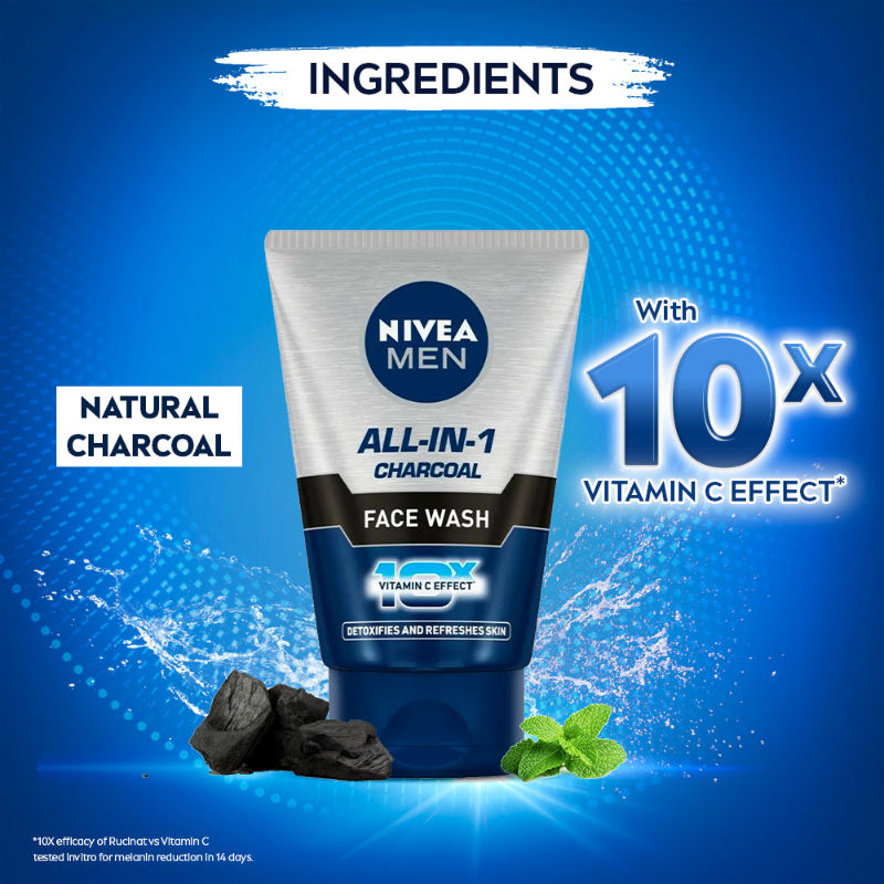 Nivea MEN Face Wash, All in 1 Charcoal, to Detoxify & Refresh Skin with 10x Vitamin C Effect, 50g Buy at Indicrest Image 4