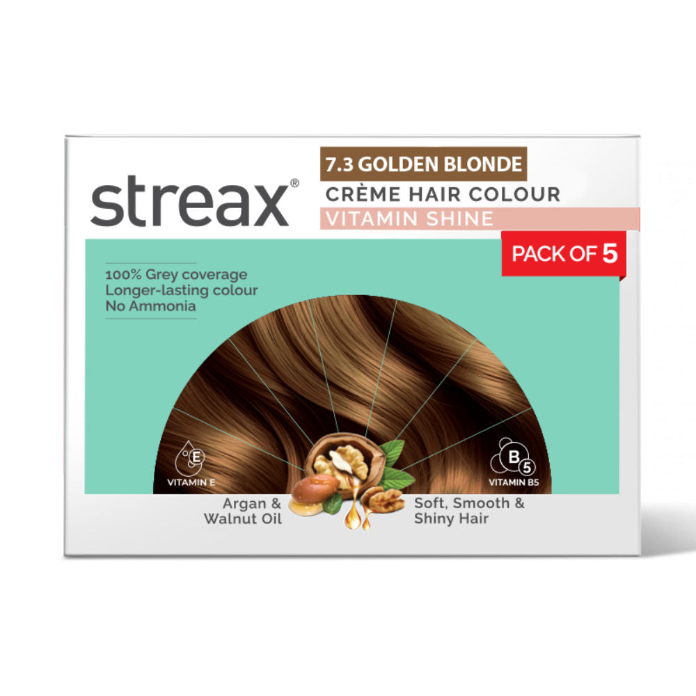Streax Cream Hair Colour With 100% Grey Coverage & No Ammonia (Pack of 5) - 7.3 Golden Blonde, 225ml Buy at Indicrest Image 9