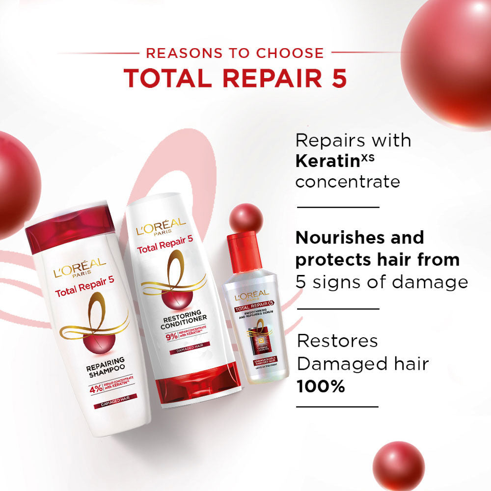 L'Oreal Paris Total Repair 5 Shampoo, Conditioner & Serum Combo- Restores Damaged Hair, 650ml+180ml+40ml Buy at Indicrest Image 6