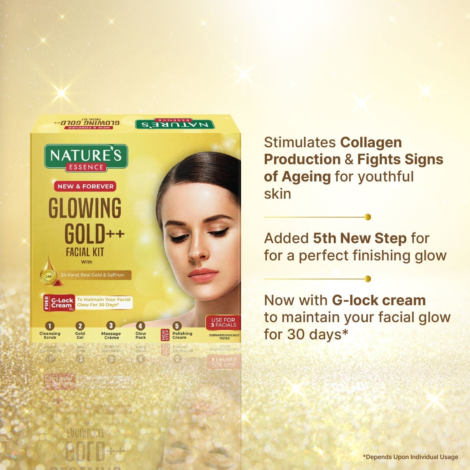 Nature's Essence Glowing Gold++ Facial Kit With Free Glock Cream, 75ml+25ml Buy at Indicrest Image 4