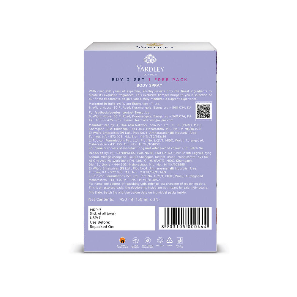 Yardley London Deodorant Body Spray Tripack For Women (Buy 2 Get 1), 150ml Each Buy at Indicrest Image 2