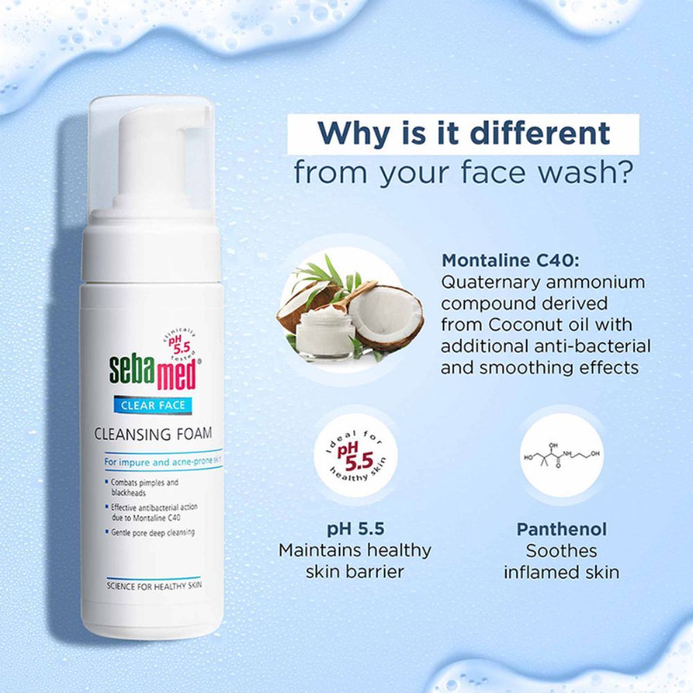 Sebamed Clear Face Foam, PH 5.5, Acne, Pimples & Blackheads, Montaline C40, Gentle Deep Cleanser, 150ml Buy at Indicrest Image 5