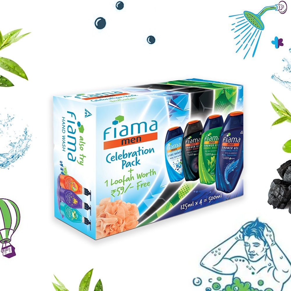 Fiama Men Celebration Pack with 4 Unique Shower Gels + 1 Free Loofah for Refreshed Skin, 500ml Buy at Indicrest Image 4
