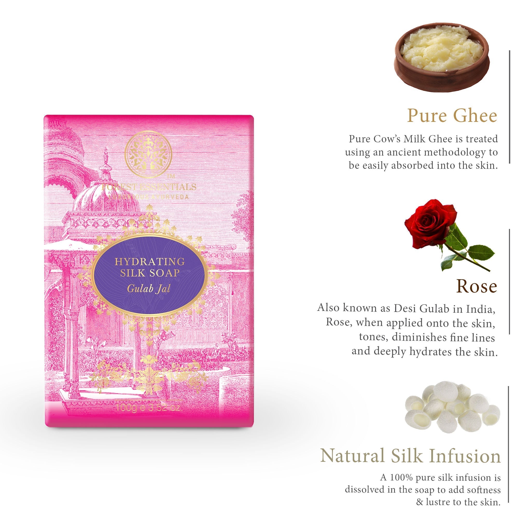 Forest Essentials Hydrating Silk Soap Gulab Jal Ayurvedic Luxury Handmade Soap for Bath, 100g