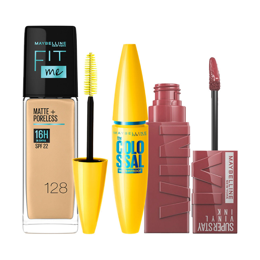 Maybelline New York Everyday Makeup Look - Colossal Mascara + Superstay Lipstick + Fit Me Foution Combo, 3 pieces Buy at Indicrest