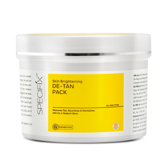 Skin brightening de-tan pack container with yellow label on a white background Buy at Indicrest