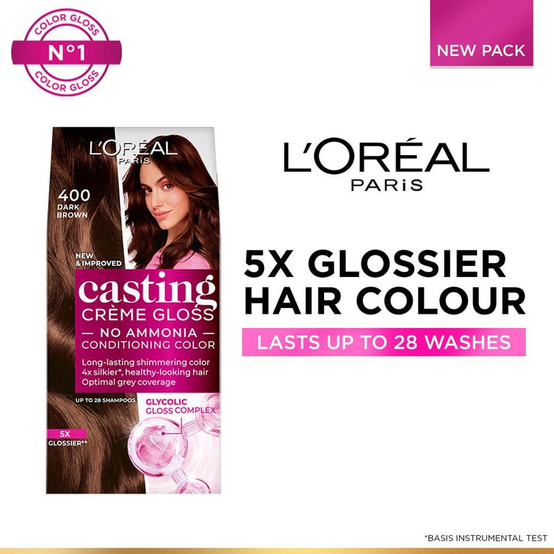 L'Oréal Paris Casting Creme Gloss Hair Color With Glycolic Gloss Complex - 400 Dark Brown, 60ml+100g Buy at Indicrest
