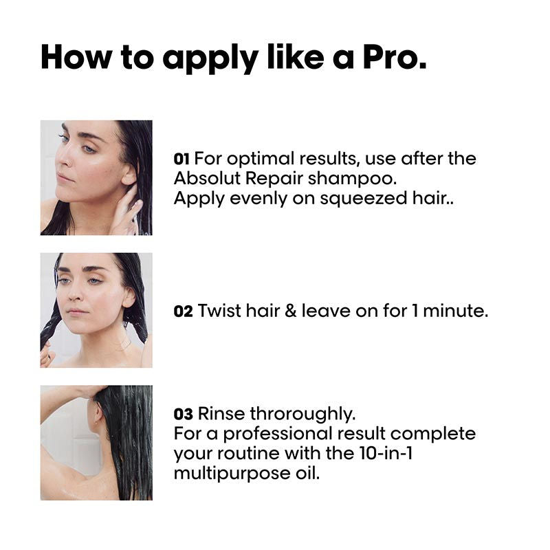 Expert nourishing mask to repair and hydrate damaged hair. Powered by Wheat Protein, the L’Oreal Professionnel Absolut Repair mask 
