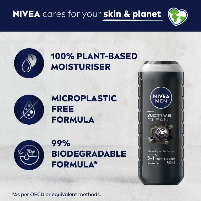 Nivea MEN Body Wash, Active Clean with Active Charcoal, Shower Gel for Body, Face & Hair, 500ml Buy at Indicrest Image 7